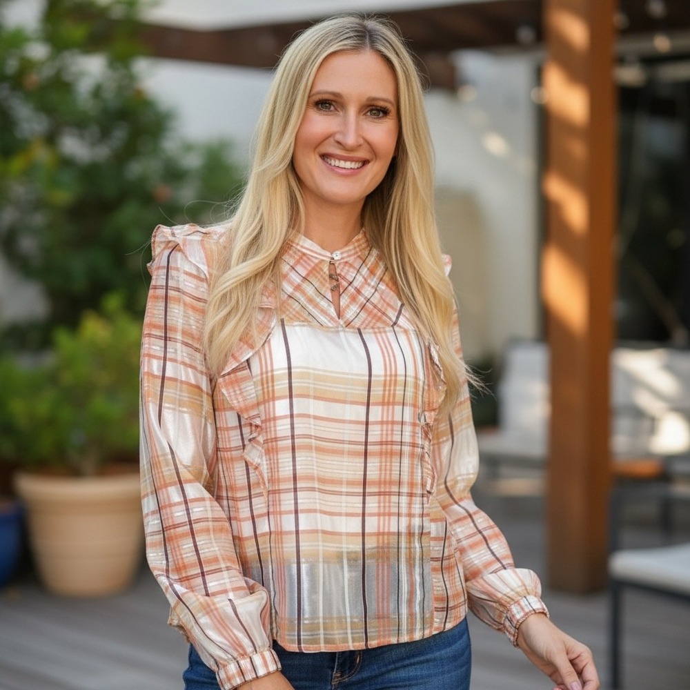 Current Air Los Angeles Orange Plaid Metallic Ruffle Blouse Size‎ MP Petite